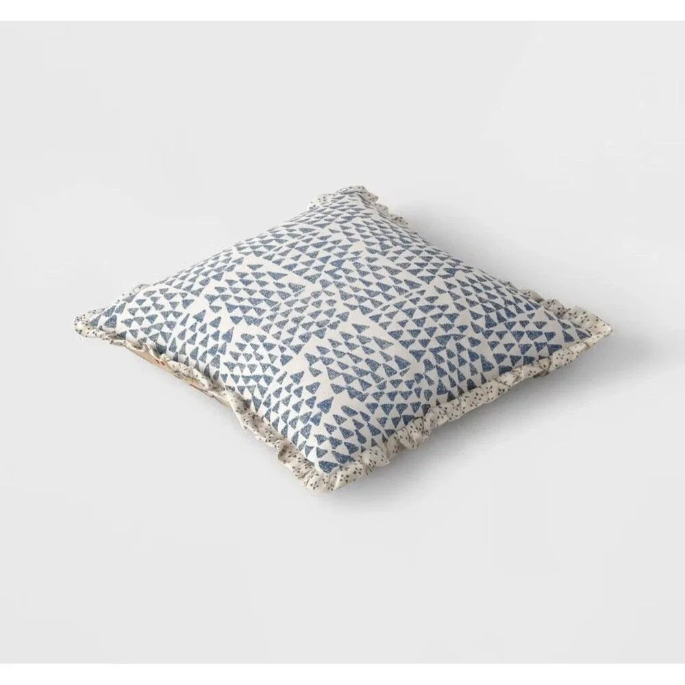 Square Bird in Nature Pillow Printed Reverse and Ruffle Trim neutral Threshold